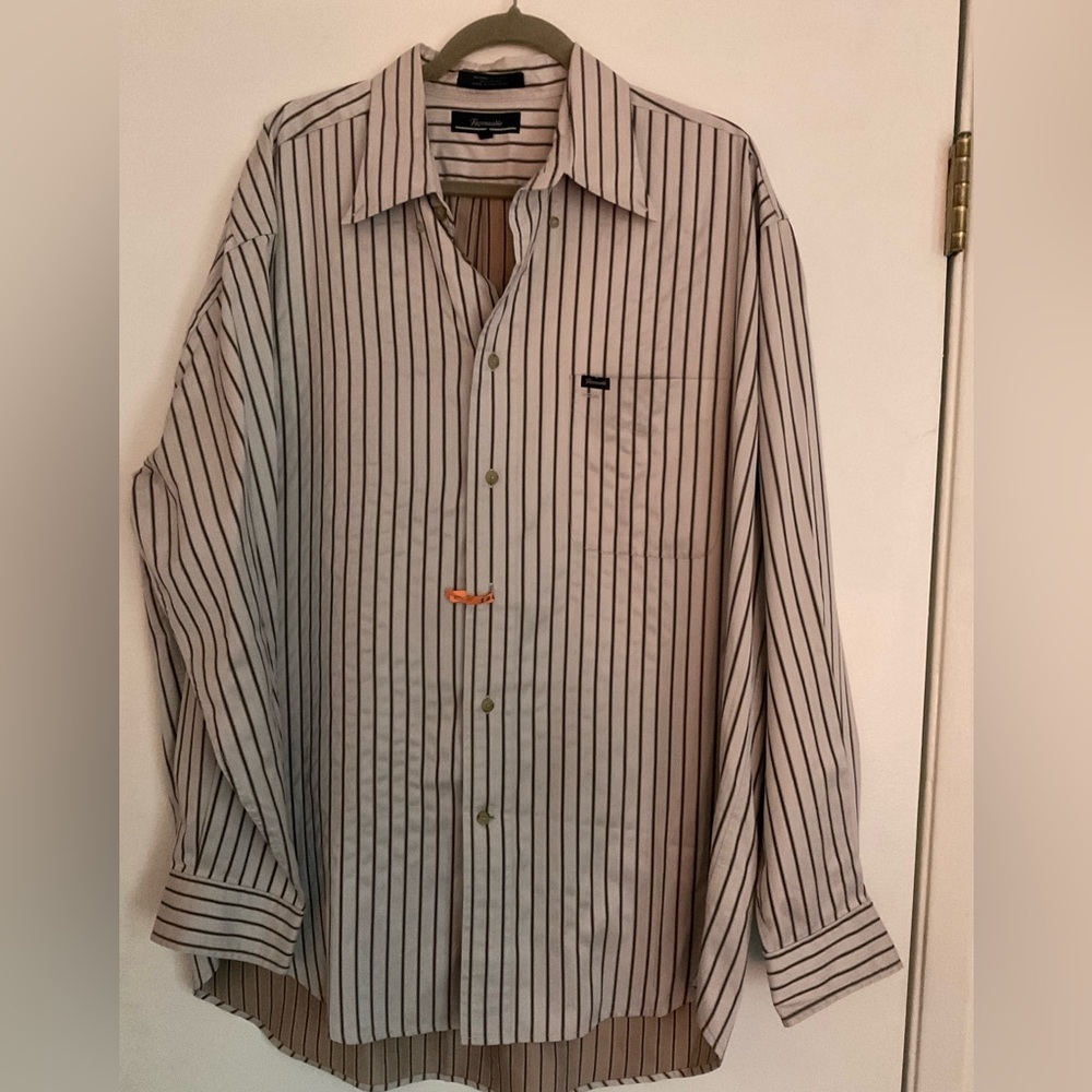Façonnable Men’s Herringbone Cream & Black Striped Dress Shirt